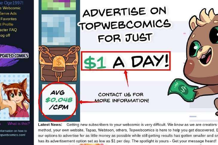 Cette image montre le prix par affiche CPM de Topwebcomics.com.