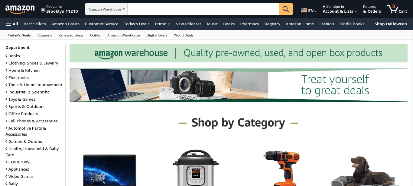 Cette image montre la page d'accueil de l'"Amazon Warehouse" pour acheter vos palettes de retour Amazon.