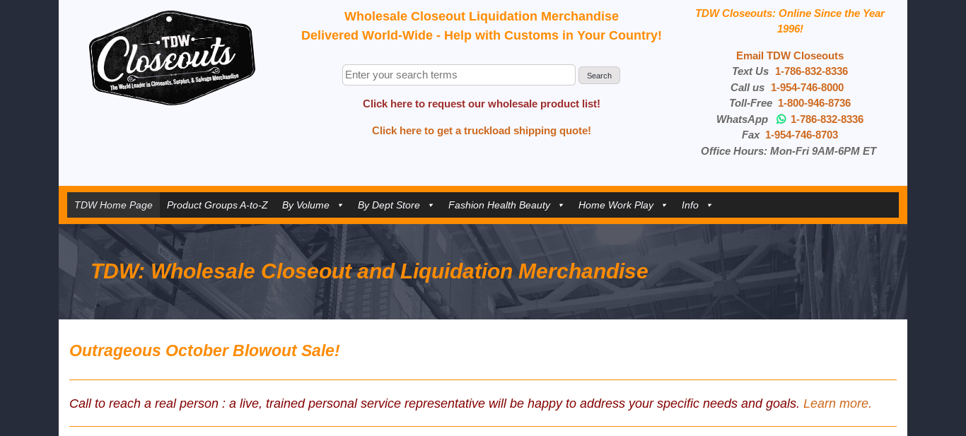 Cette image montre la page d'accueil de "TDW Closeouts" pour acheter vos palettes de retour Amazon.