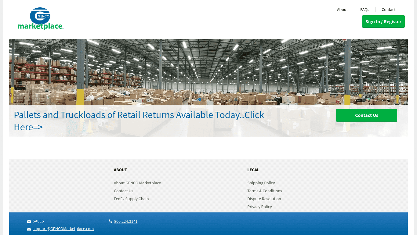 Cette image montre la page d'accueil de la "GENCO Marketplace" pour acheter vos palettes de retour Amazon.