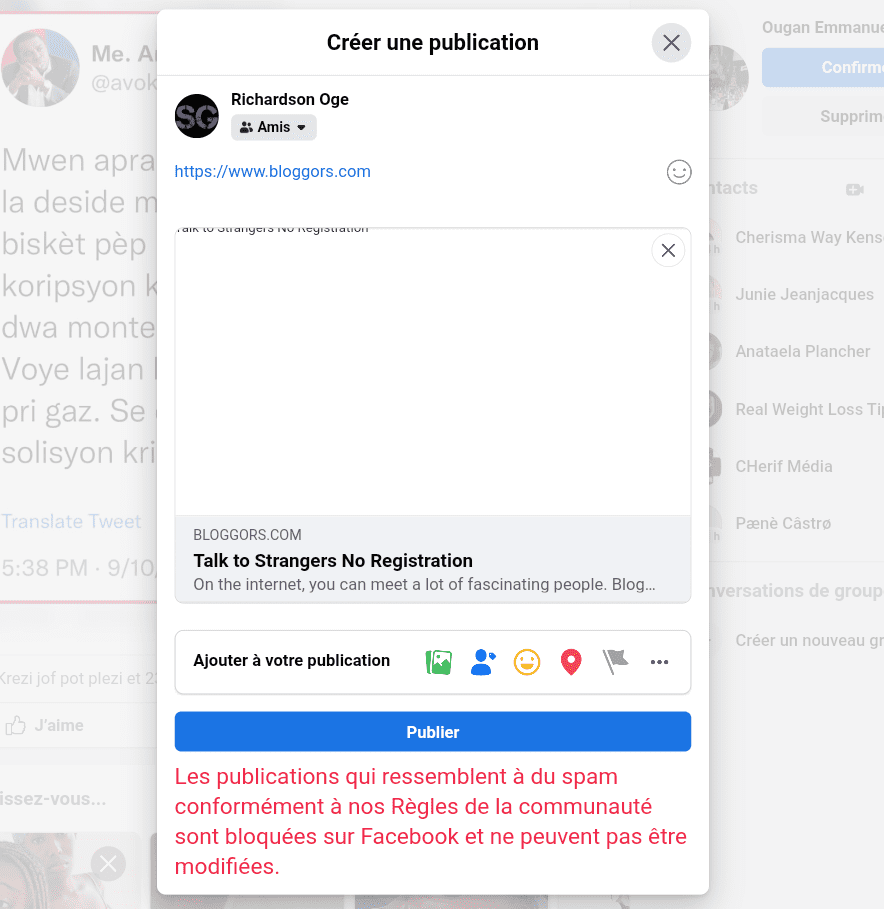 La preuve ou Facebook avait bel et bien banni l'URL de Bloggors.