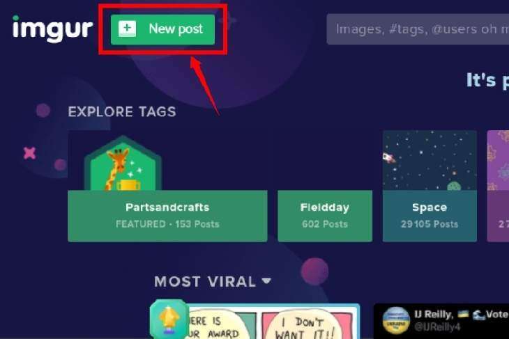 The Imgur.com homepage and an arrow that indicates where you have to create a new image.