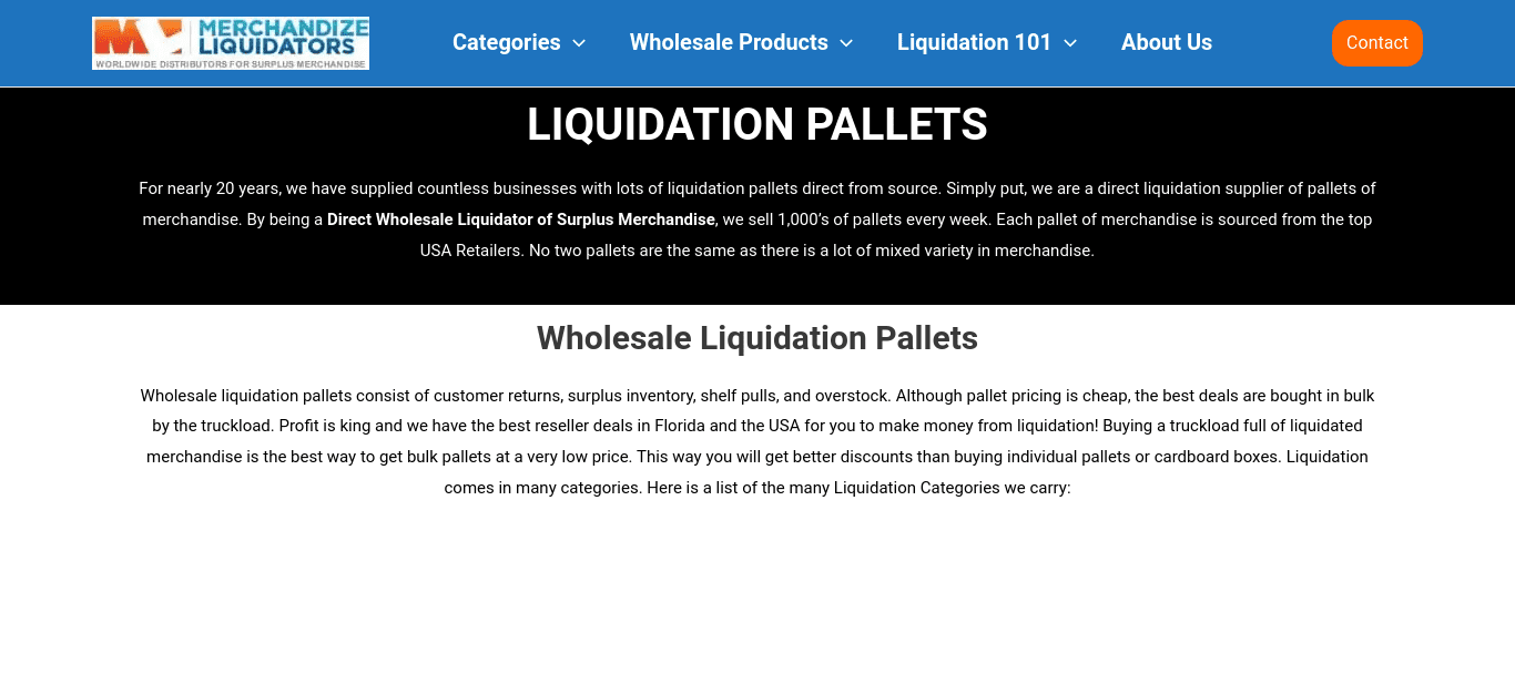 Cette image montre la page d'accueil de "Merchandize Liquidators" pour acheter vos palettes de retour Amazon.