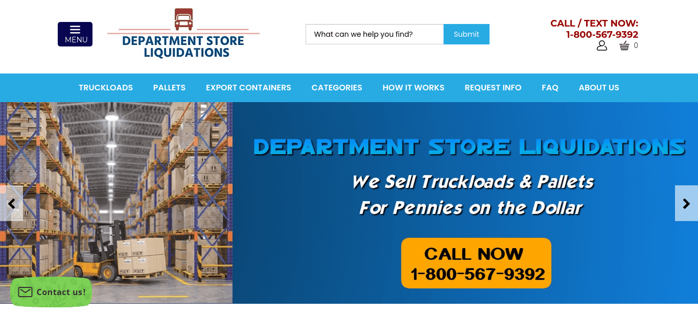 Cette image montre la page d'accueil du site "Department Store Liquidations" pour acheter vos palettes de retour Amazon.