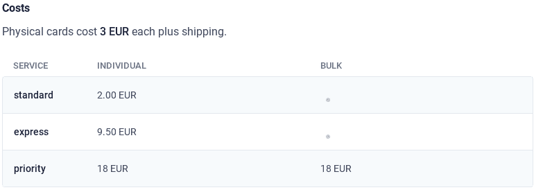 This image shows the shipping costs to the European Union when you order your payment cards for your customers from Stripe Issuing.