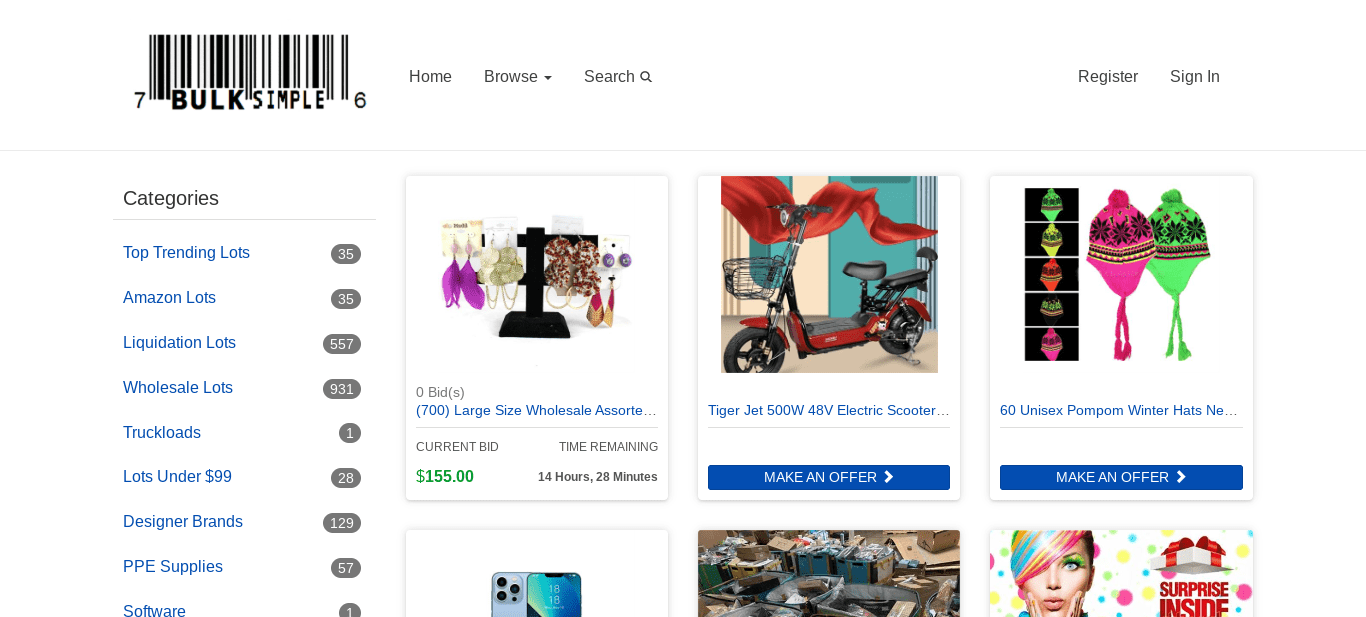 Cette image montre la page d'accueil de "BULKsimple" pour acheter vos palettes de retour Amazon.